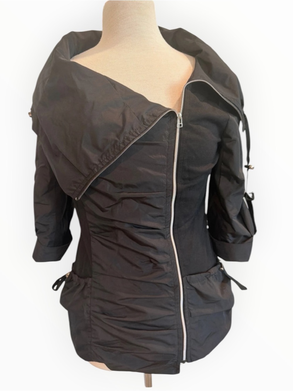 Shin Choi Black Asymmetrical Zip Ruched Front Half-Sleeve Jacket